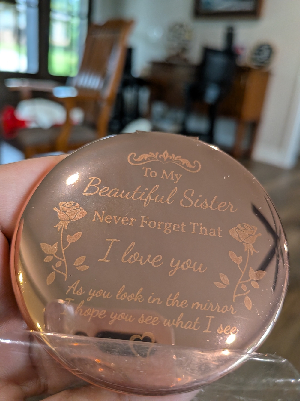 Vintage Rose Gold Compact Mirror - "To My Beautiful Sister" Engraved